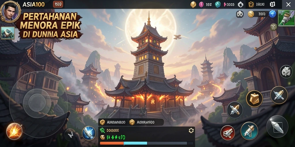 Tangkapan layar gameplay <strong>ASIA100</strong> yang menunjukkan pertahanan menara yang aktif.