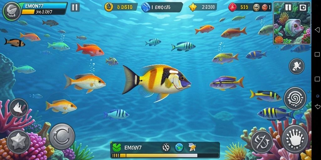 Screenshot gameplay EMON77 dengan aksi menembak ikan.