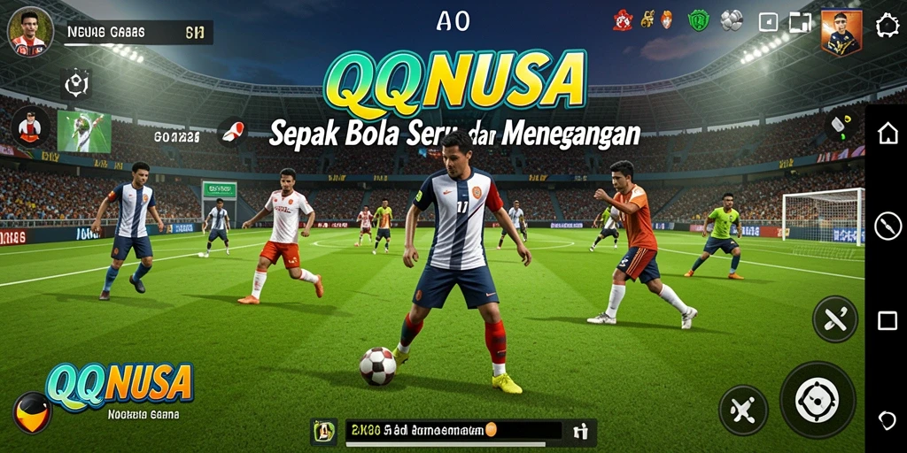 Screenshot gameplay QQNUSA menunjukkan aksi seru di lapangan sepak bola.