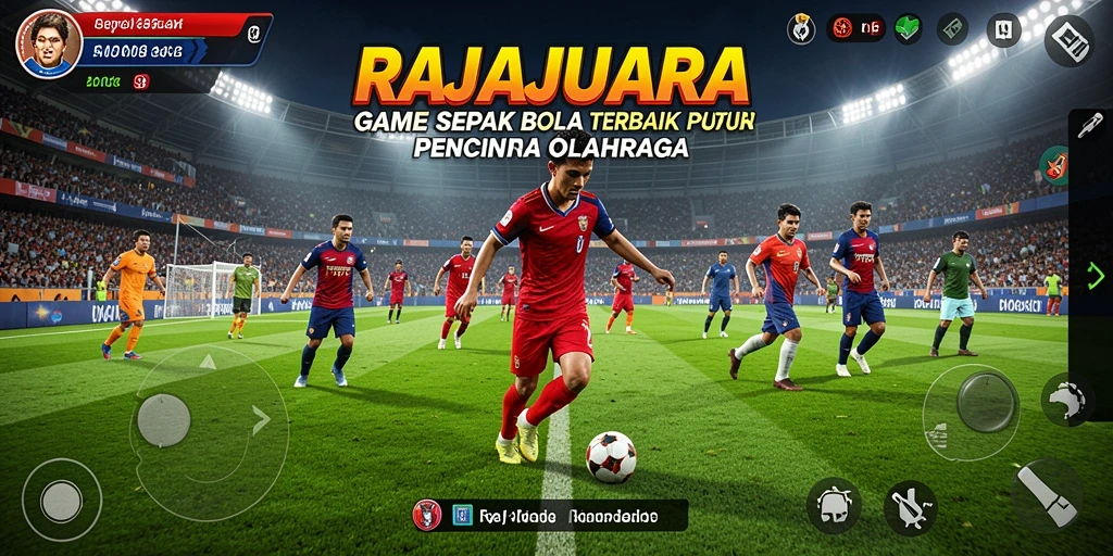 Screenshot utama RAJAJUARA menampilkan aksi intens di lapangan sepak bola.