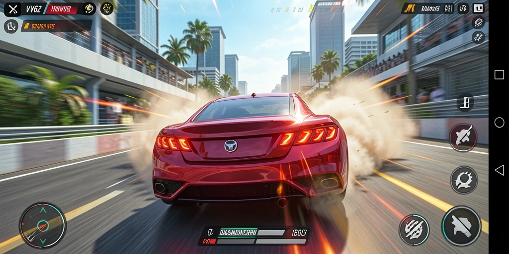 Tangkapan layar gameplay VV62 menampilkan balapan yang mendebarkan di berbagai lintasan.